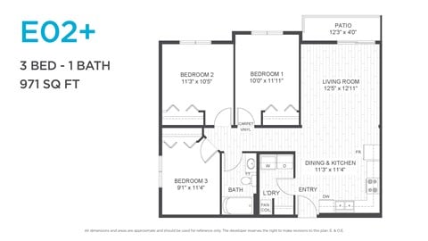 Floor plan for 3 beds, 1 bath, 971 sqft